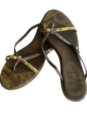 BOTTEGA VENETA strappy flat sandals, brown/yellow, iguana & leather. EU 39.5